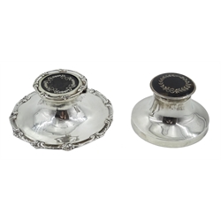  Silver and tortoiseshell inkstand by Corke & Apthorp London 1919 8.7cm and a similar stand with open scroll border 12cm (marks rubbed)   