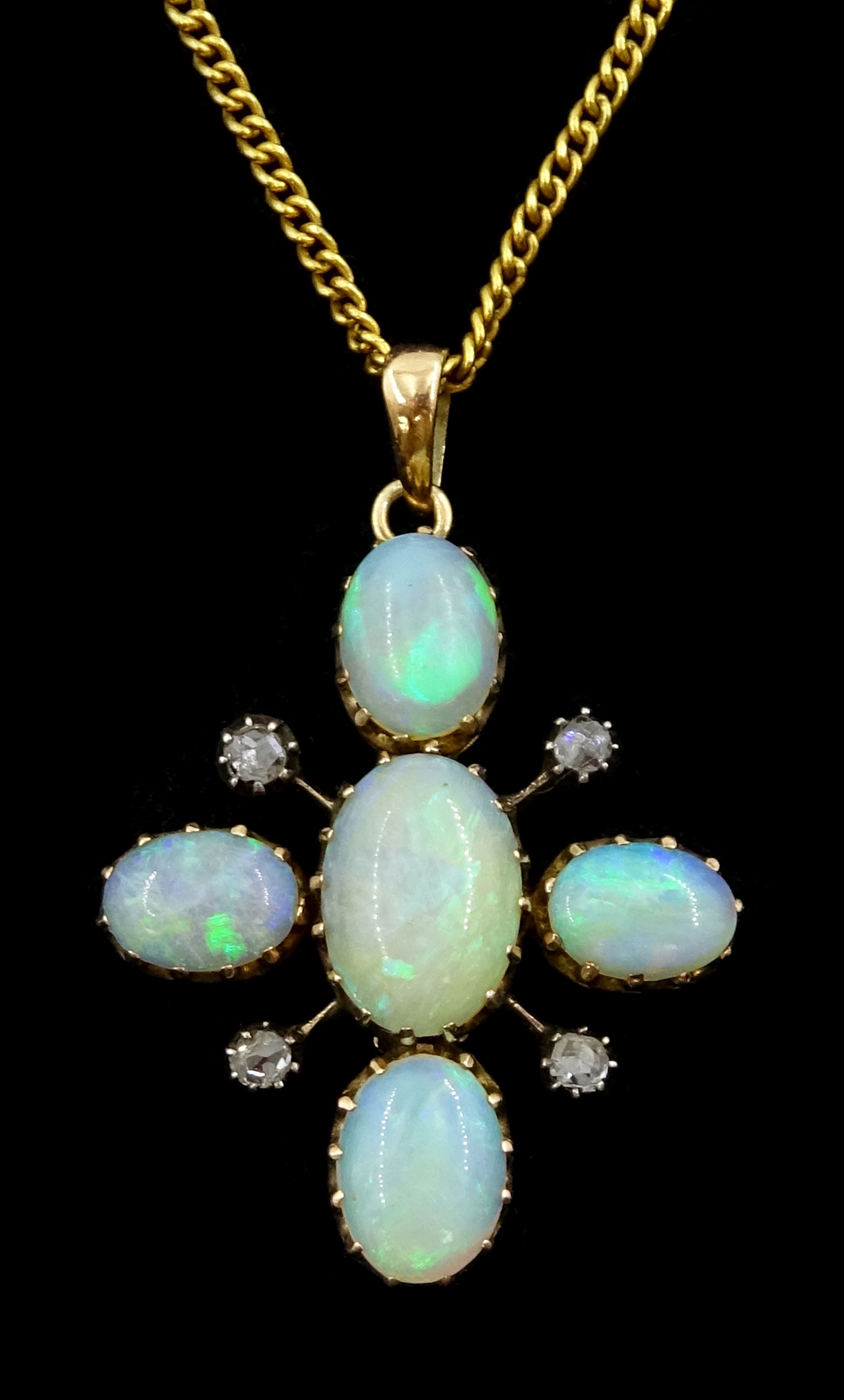 Early 20th century 9ct gold opal and rose cut diamond cross pendant, on later 21ct gold chain necklace