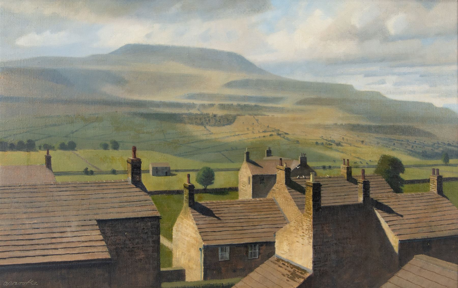 Anne Isabella Brooke (Yorkshire 1916-2002): 'Penhill from Preston-under-Scar - Wensleydale', oil on canvas signed, titled on label verso 34cm x 55cm 
Provenance: purchased by the vendor's parents directly from the artist in the 1970s.
