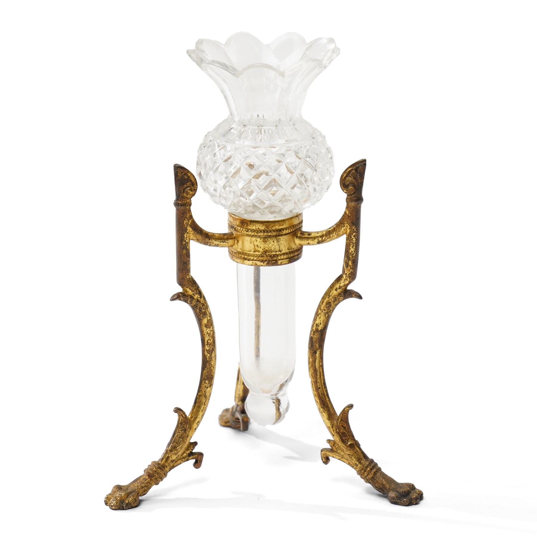 19th century F & C Osler trio, the cut-glass bud vases upon stylised gilt bronze mounts, stamped Osler to feet, tallest H15cm 
Notes: F & C Osler famously supplied the crystal fountain for the Great Exhibition of 1851.