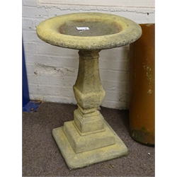  Stone effect two piece bird bath, circular shallow bath on faceted vase shaped column with stepped square base, D60cm, H83cm  