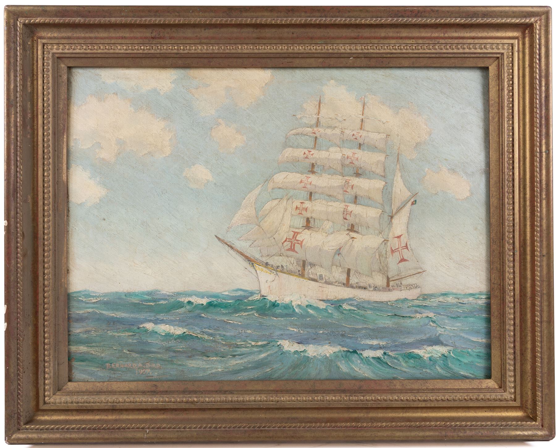 Bernard A Bird (British 20th Century): Portugese Sagres Ship, oil on canvas board signed and dated 1937, 44cm x 59cm 