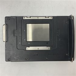 Zenza Bronica ETRS camera body, safari edition, serial no. 7100811, with 'Zenza Bronica Zenzanon EII 1:2.8 f=75mm' lens, serial no. 7908591, film magazine back, safari, serial no. 8100564, AE-ii metering head, safari, serial no. 617024, etc, all in leather case