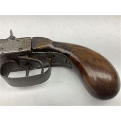 Mid 19th century double barrel percussion muff pistol, joined 7cm octagonal barrels with walnut stock19cm overall; a matching single barrel muff pistol 17cm overall (2)