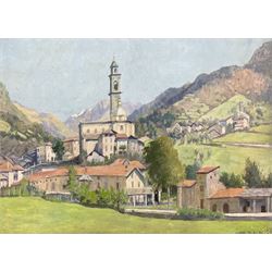 Mary Dawson Elwell (British 1874-1952): Alpine Town, oil on panel signed 25cm x 34cm