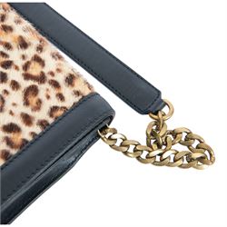 Jimmy Choo black leather and leopard-print calf hair shoulder bag, the rectangular form with leopard-print flap panel, gold-tone push-lock fastening and chain-link shoulder strap with leather shoulder pad, suede-lined interior with zip pocket and maker’s plaque stamped Jimmy Choo Made in Italy, with dust bag
