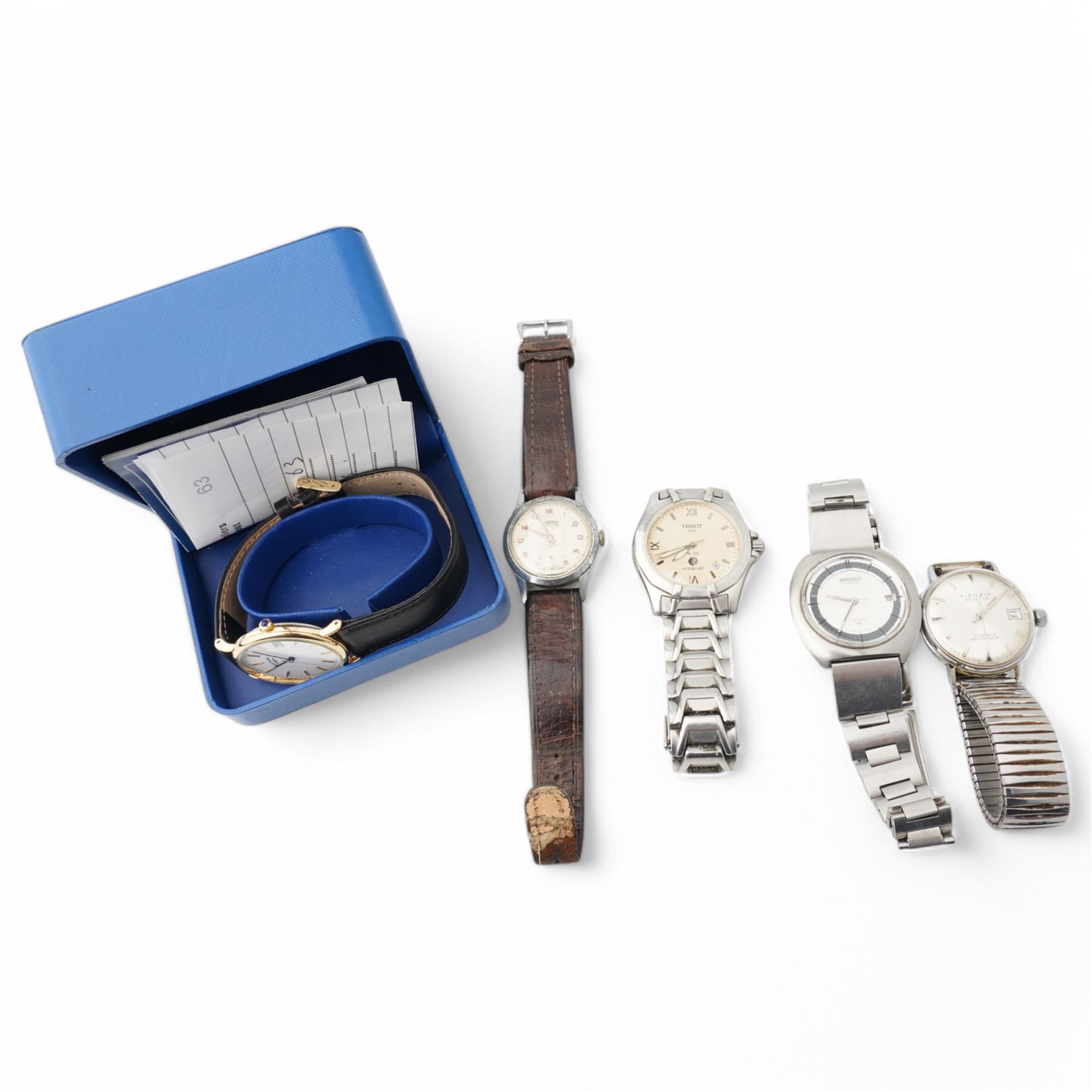 Five watches including Tissot Autoquartz, Seiko automatic, Roamer, Kienzle Selecta and Rotary