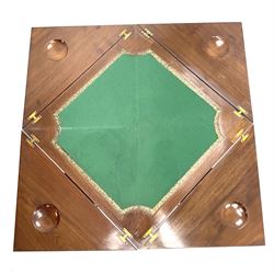 Edwardian envelope card table, inlaid baize top, four counter wells, stile supports and castors 