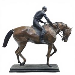 After Isidore Jules Bonheur (1827-1901), bronze figure of a jockey on horseback, upon a rectangular base, signed Bonheur, H88cm