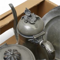 Victorian pewter coffee pot by James Dixon, three others, pewter sand shaker, teapot and two pewter plates