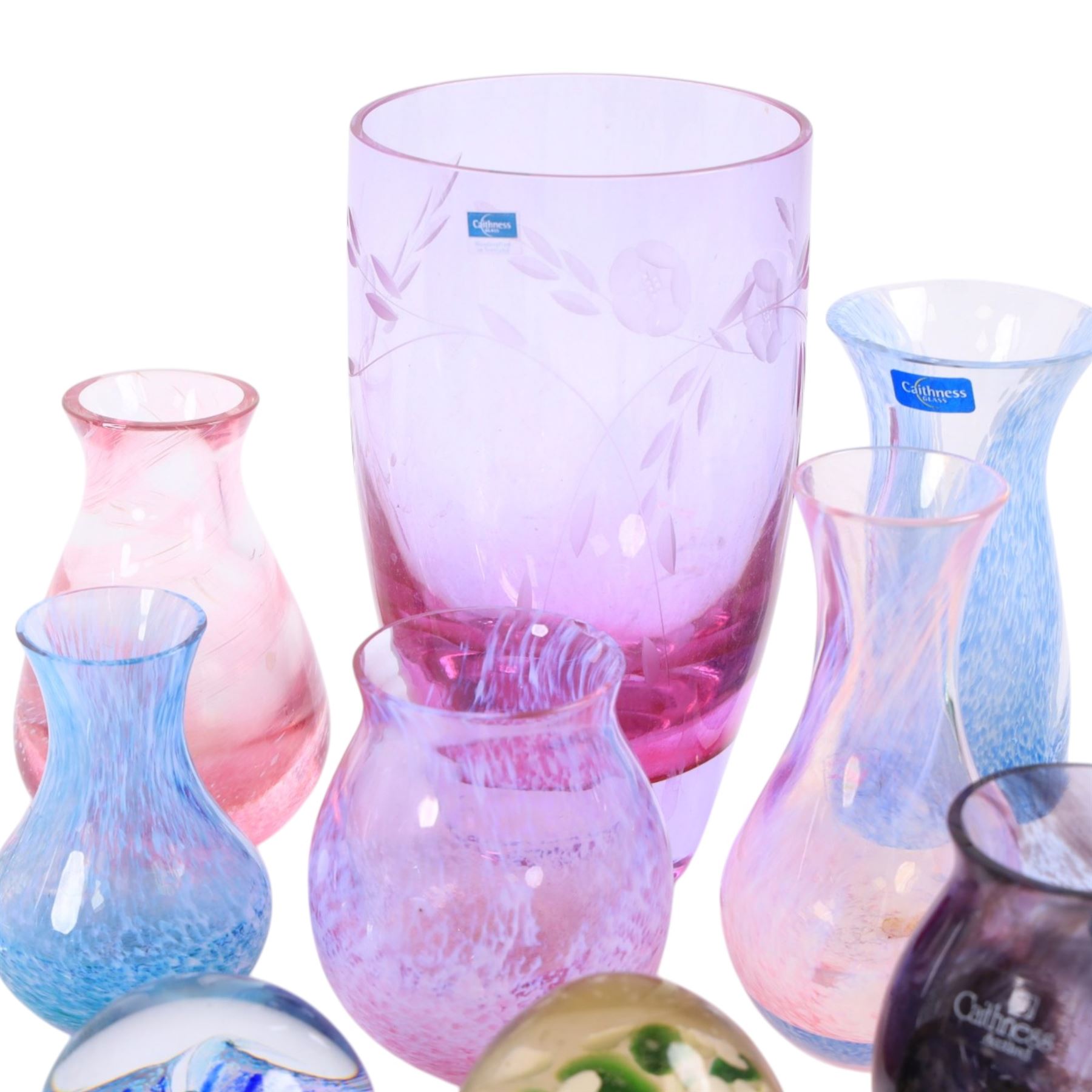 Caithness glass vases and paperweights, together with other coloured glass and glass animal figures