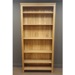  Light ash open bookcase, four adjustable shelves, stile supports, W95cm, H201cm, D30cm  