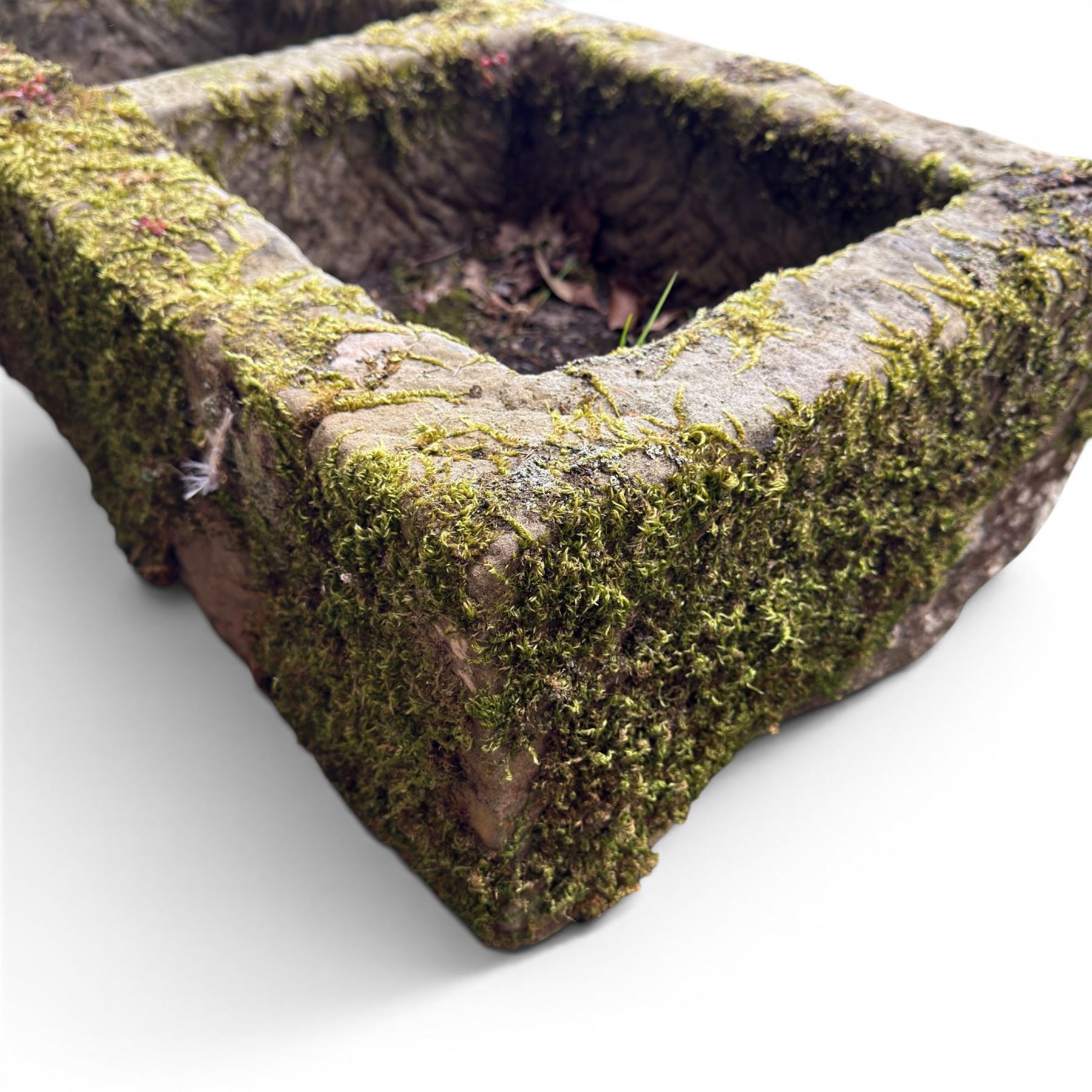 19th century weathered hewn stone double trough rectangular form with two divisions