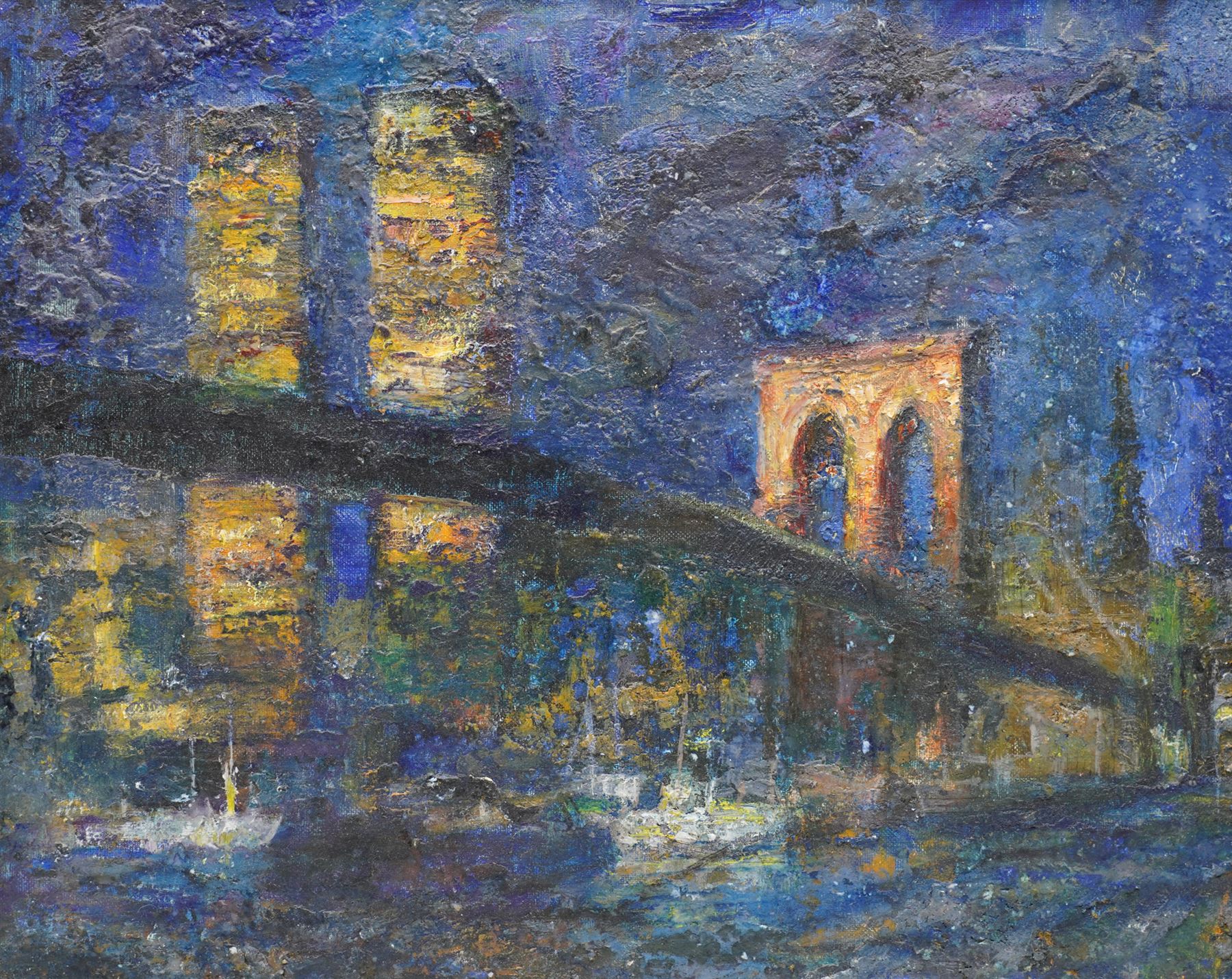 Lucien Dulfan (Russian/American 1942-): Moonlit Cityscape with the Twin Towers, mixed media on board unsigned, LD gallery label verso 40cm x 50cm