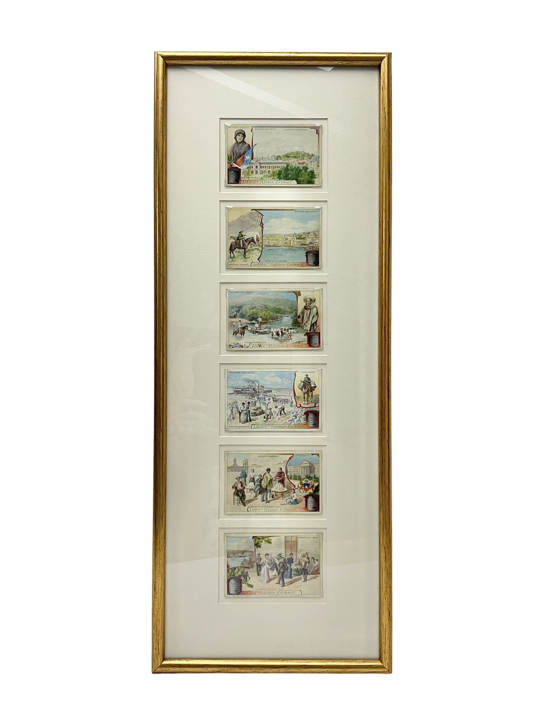 Six original illustrations for Liebig cards, mounted within a gilt frame, frame 71cm, W27cm