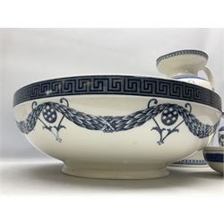 Early 20th century Wedgwood Etruria Athens pattern four piece blue and white wash set, comprising bowl, jug, toothbrush holder and soap dish, all with blue printed marks beneath, bowl D40cm