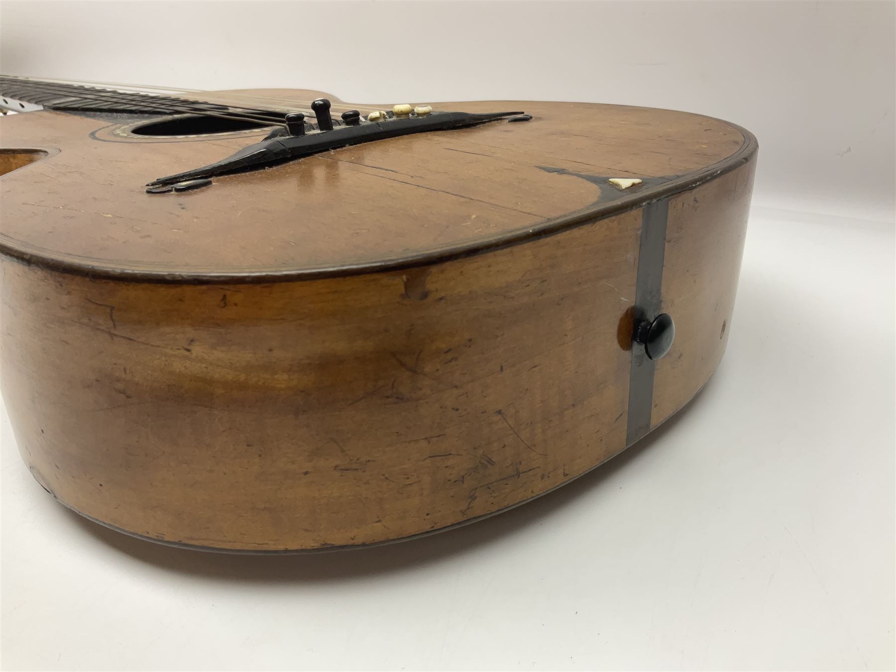 19th century Continental parlour guitar for restoration or display, with maple back and sides,  spruce top, scalloped neck and bone pegs; bears inset plaque to head 'Lapaix Paris 1830' and 'John Eastwood Teacher of the Guitar' paper label with manuscript note 'Fine Old Guitar Restored 1888 by JCB Leeds' L92cm