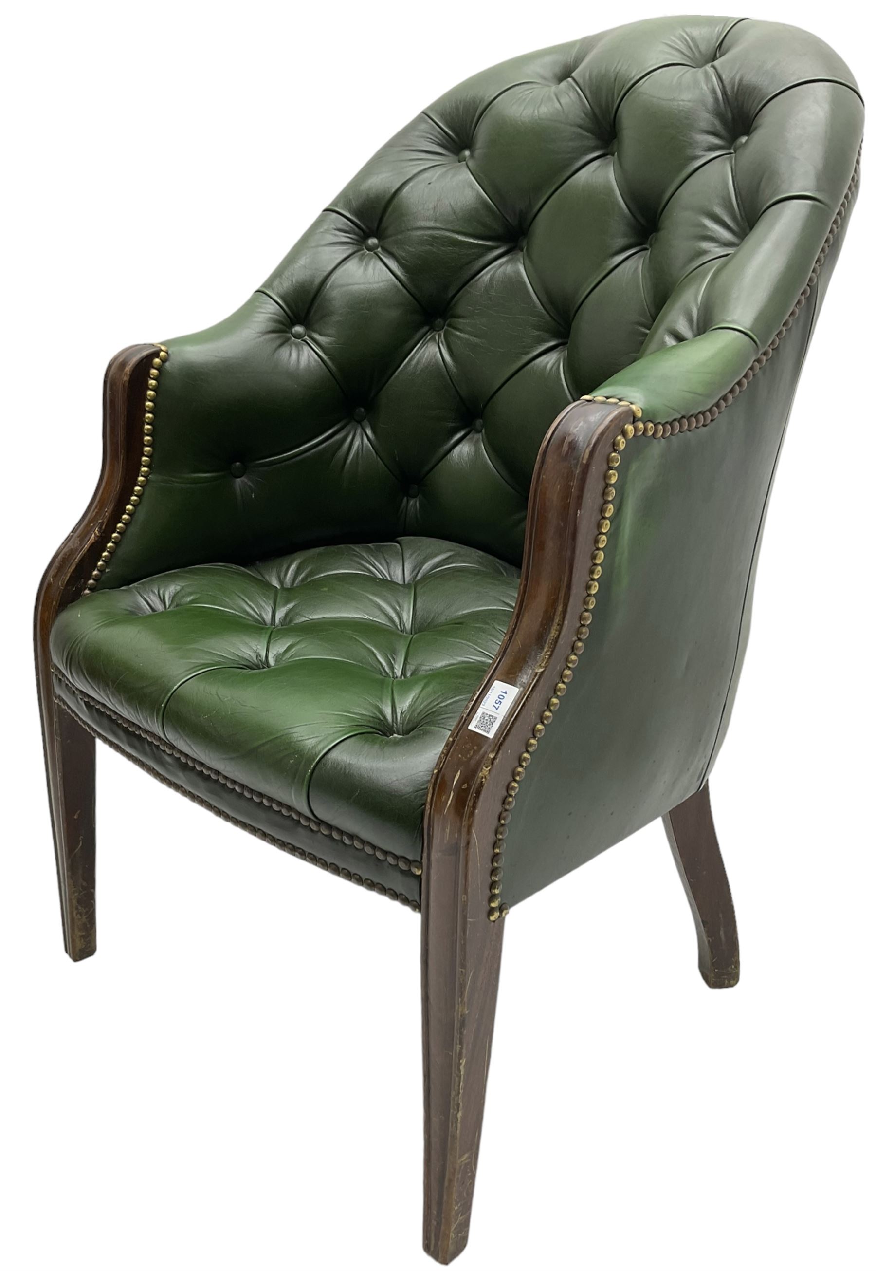 19th century design mahogany framed chesterfield library chair, upholstered in buttoned green leather with studwork, on square tapering supports