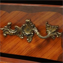 French Louis XV revival bombe commode, early 20th century, with variegated marble top above two drawers inlaid with floral marquetry, gilt metal rococo handles and mounts, kingwood and tulipwood veneers laid in chevron and quartered patterns, on cabriole supports with gilt sabots