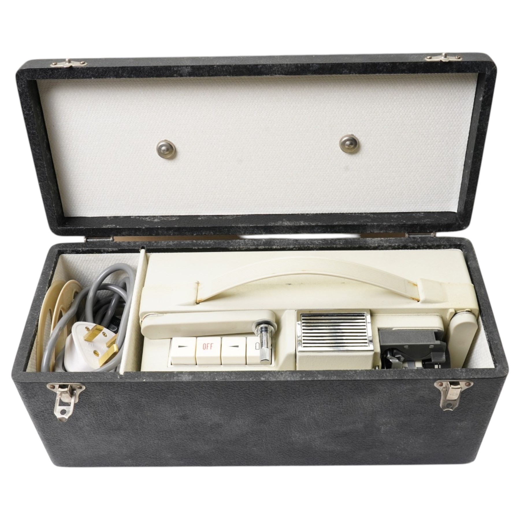 Late 20th-century film equipment, including Rigonda Fiesta 401D portable television set USSR, Chinon Facel II cine film camera in case, A Prinz Magnon ZRS projector in a case and a JVC compact VHS, 3