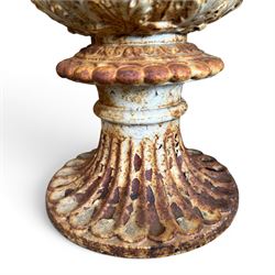 Andrew Handyside - pair of 19th century best quality cast iron garden urns, individually detailed in relief Allegorical Figures and Helaldic Swans, campagna form with twin handles, detail under rim, raised on circular fluted base