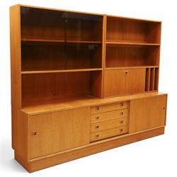 Clausen & Son Silkeborg - Danish 1960s teak highboard wall unit, the upper modular section with open shelves, smoked glass sliding doors and 12