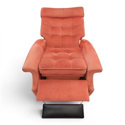 Parker Knoll - mid-century armchair suite, 'Model N30' recliner armchair with headrest and deep buttoned seat and back raised on castors, a wide armchair with deep button back and seat raised on castors, a wingback chair with flared scrolled arms, raised on cabriole supports