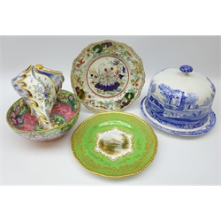  Spode Italian cheese dome on matching stand (H19cm dome) 19th century Coalport cabinet plate with hand painted panel by E O Ball (a/f) Masons Ironstone plate, Maling bowl and Italian wall pocket (6)  