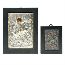 Ciarte - Copy of a silver mounted Byzantine icon of St George, 925 standard 15cm x 10cm, and three smaller silver icons (4)
