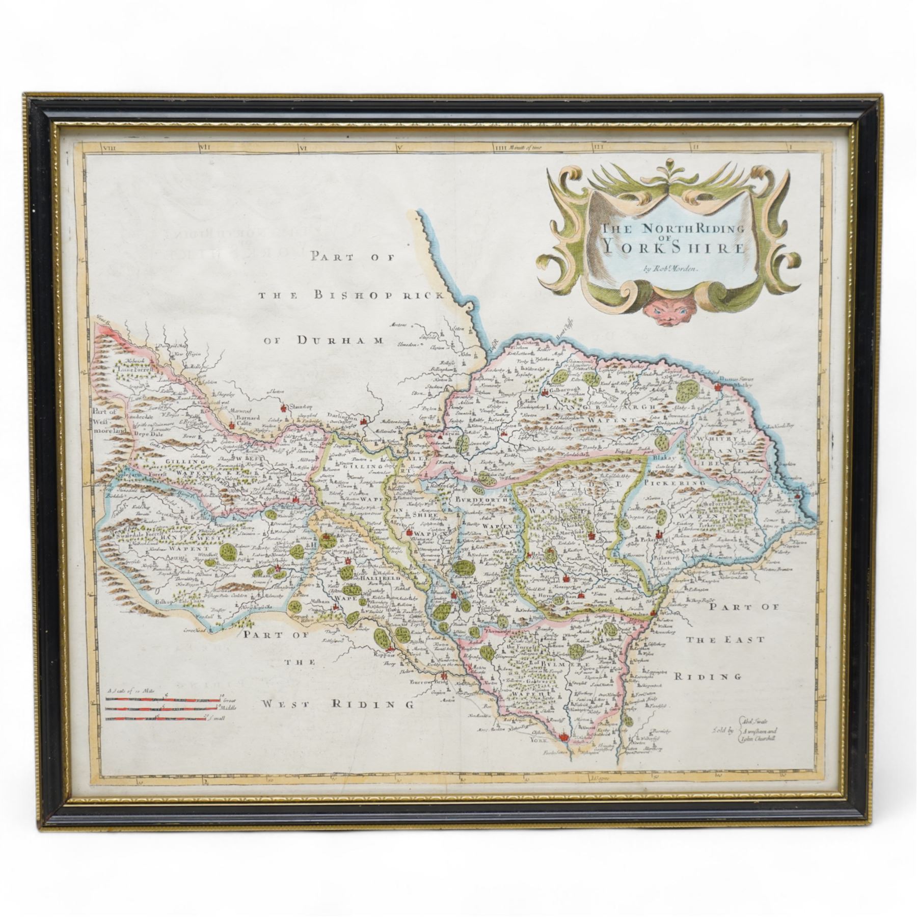 Robert Morden (British c.1650-1703): 'The North Riding of Yorkshire', 17th/18th century engraved map with hand-colouring 38cm x 43cm
