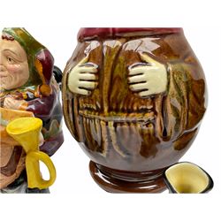 Character and toby jugs, including a staffordshire pottery style toby jug, Olfaire toby jug, Beswick character jug depicting Scrooge, Royal Doulton Veteral Motorist etc, together with Royal Doulton Sweet Dreams figure. 