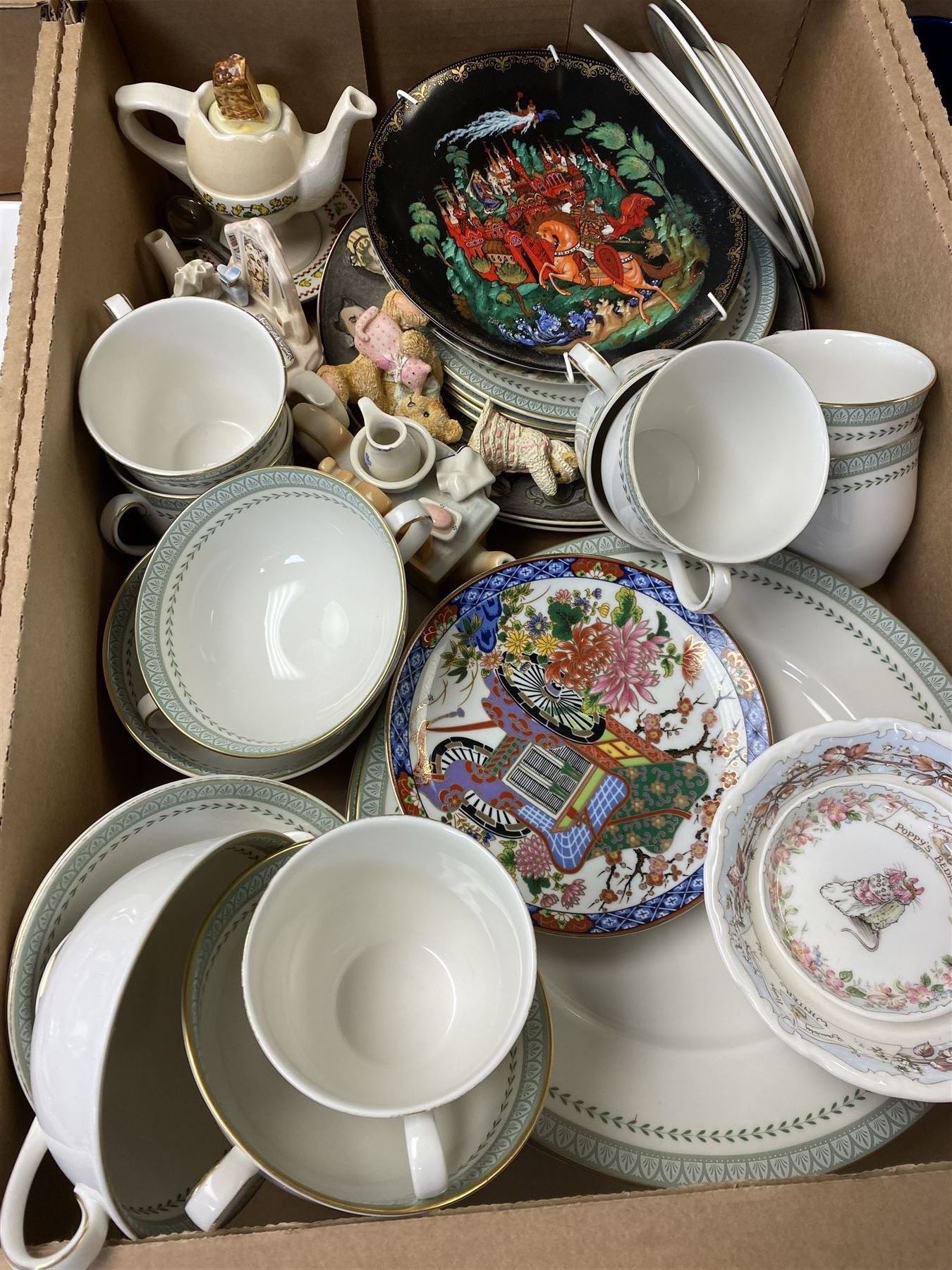 Collection of ceramics, including Royal Doulton Berkshire tea wears, Brambley Hedge trinket dish and bowl, Lurpak butter dish and toast rack etc, in four boxes  