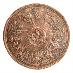 Two Spanish copper  charger decorated with Don Quixote, together with another copper dish  