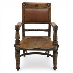 Arts and Crafts oak open armchair with dished seat