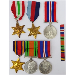  Six WWII medals The Burma Star, War and Defence medals on bar with corresponding ribbon bar, War medal, The Italy Star and The 1939-1945 Star   