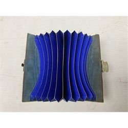 Mother of pearl and abalone inlaid card case, with central diamond shaped panel engraved with foliate decoration, together with a simulated mother of pearl card case of book form with green sun rays to cover, and simulated wood effect cigarette case with hinged lid with diamante style banding, largest L10cm