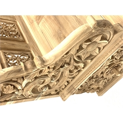 Heavily carved teak bench, panelled pierced back, profusely carved with foliate scrolls and flower heads, W168cm, H100cm, D59cm