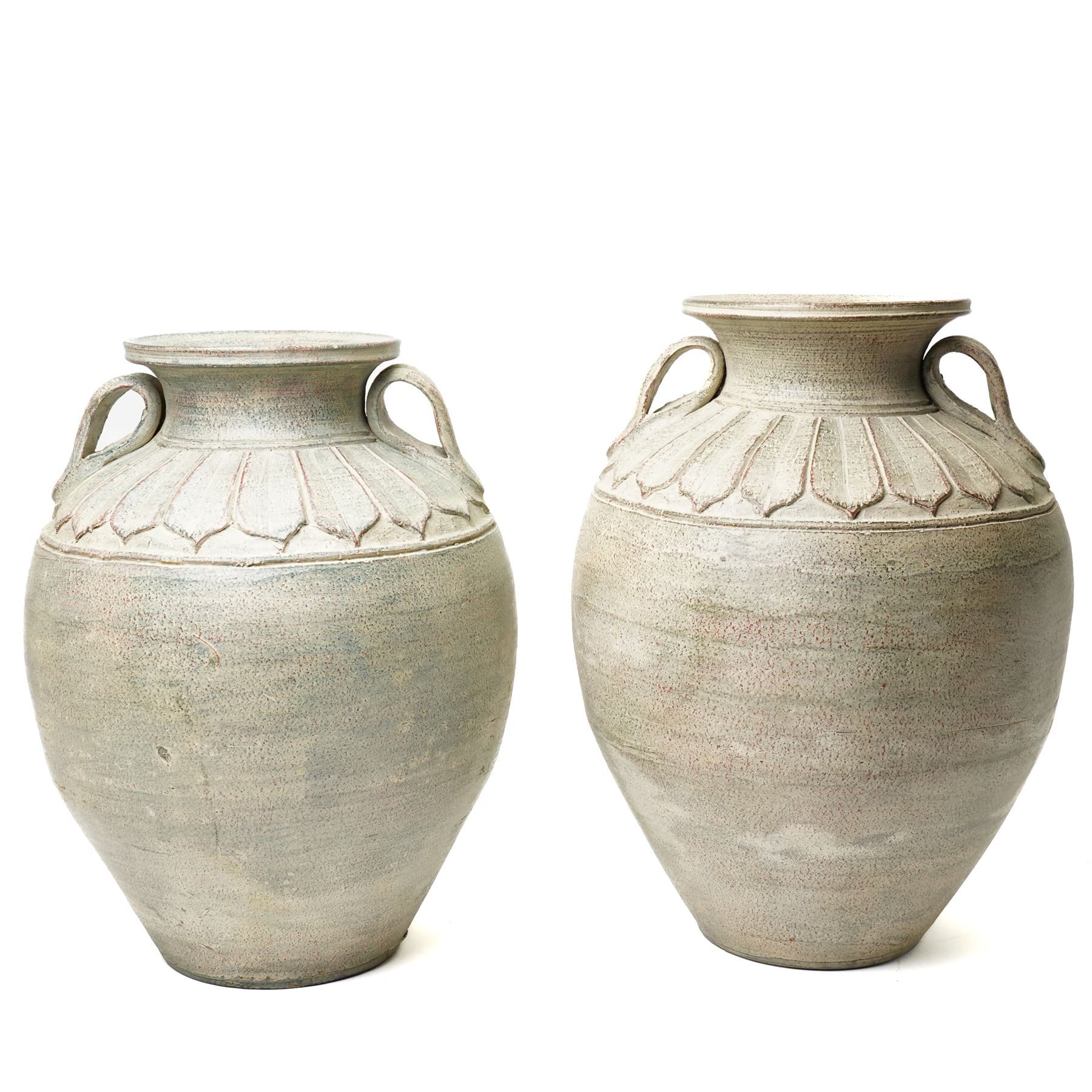 Near pair of large Taiwanese urns, with repeating leaf boarder to the neck, H49cm and H51cm (2)