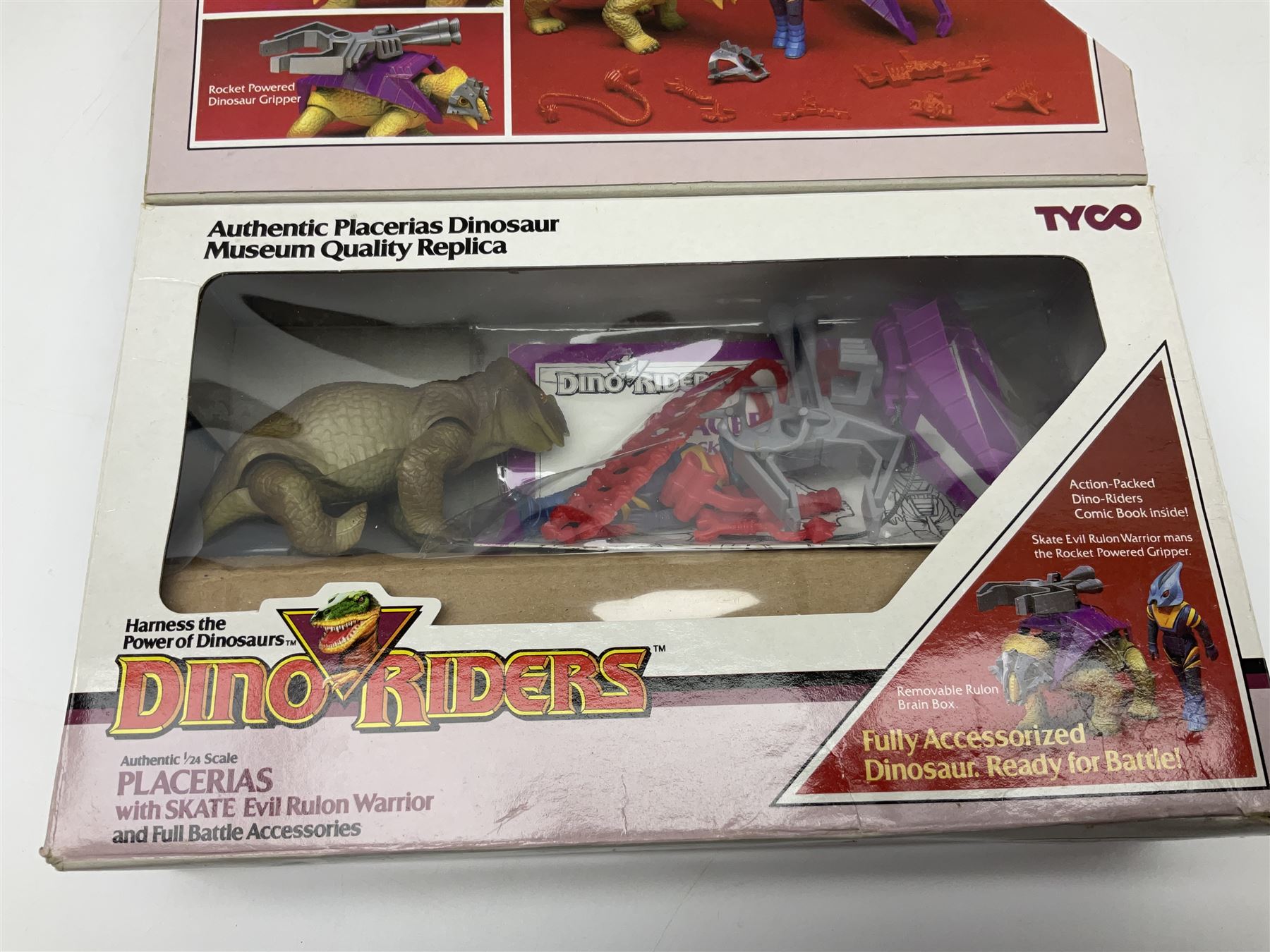 Three Tyco Dino-Riders by Action GT playsets - Pteranodon with Rasp Evil Rulon Warrior; Monoclonius with Mako Evil Rulon Warrior; and Placerias with Skate Evil Rulon Warrior; all boxed (3)