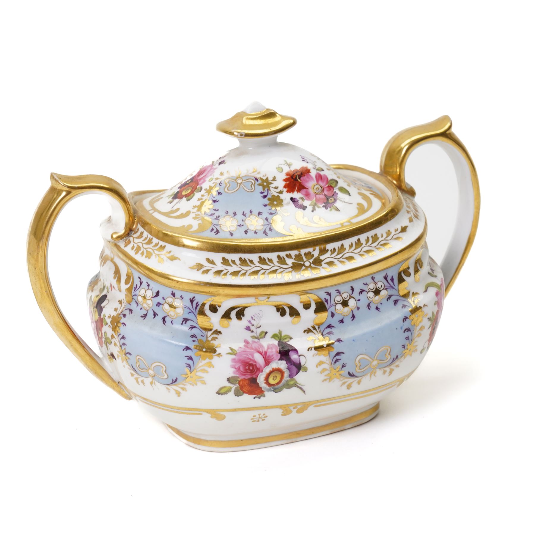 Brown-Westhead, Moore & Co cabinet cup and saucer, with rope twist moulded handle, hand-painted with floral reserves against a white and sky blue ground, heightened profusely with gilt, together with a pink hand-painted example, and a 19th century spill vase and twin-handled covered sucrier (4)