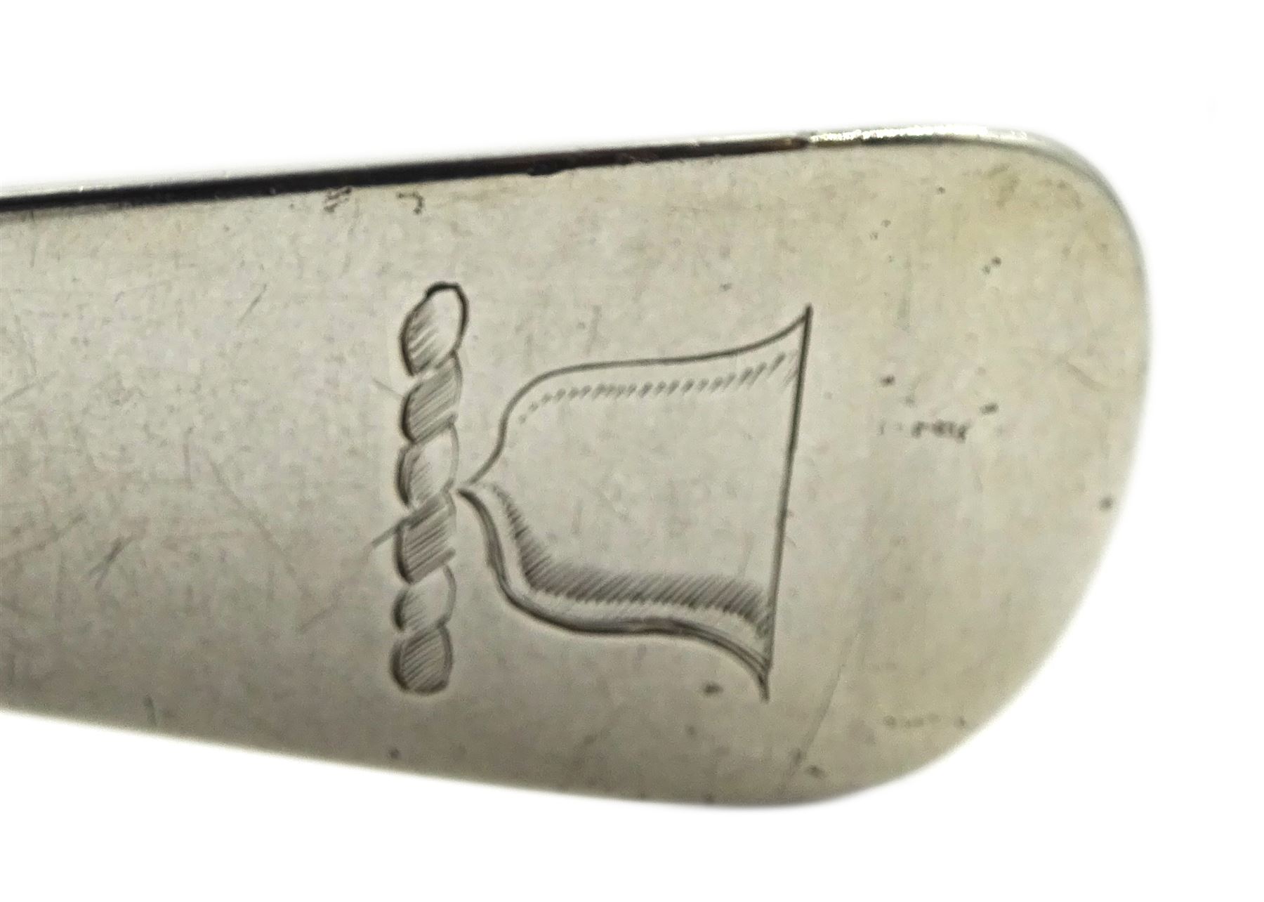 George III silver salad server by Richard Crossley, London 1791 and a George III silver basting spoon by Peter & Ann Bateman, London 1799, both Old English pattern with crest, approx 6.7oz