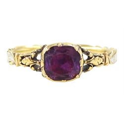 George II 18ct gold amethyst and enamel mourning ring, single cushion cut amethyst, with f...