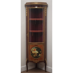  French Vernis Martin style gilt metal mounted corner display cabinet, curved glazed door enclosing two shelves, on cabriole supports, W58cm, H166cm, D40  