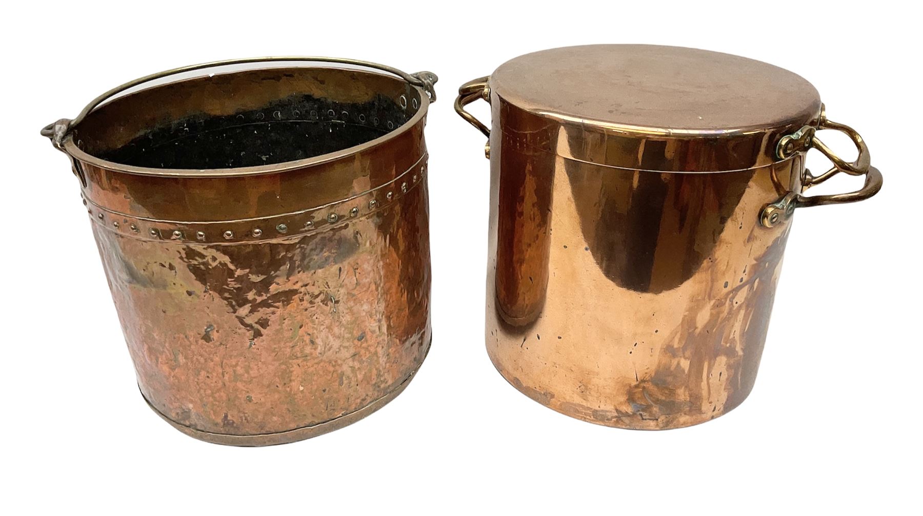Large twin handled copper coal scuttle and cover and copper and brass riveted bucket with handle, bucket D36cm