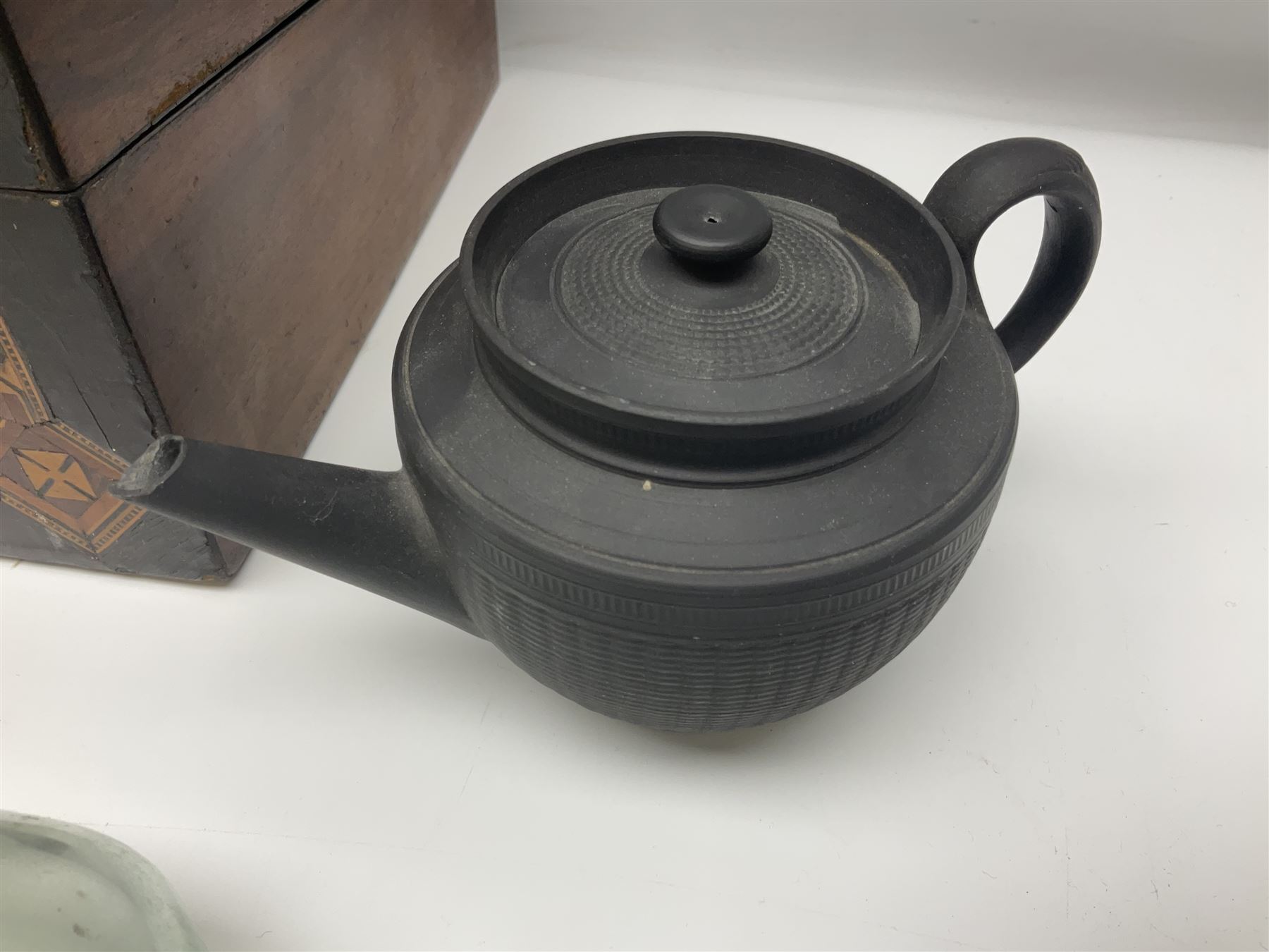 Victorian glass rolling pin, black basalt teapot, mother of pearl box with foliate engraving and sliding lid, and a wooden writing slope, with purple velvet interior, writing slope H14cm