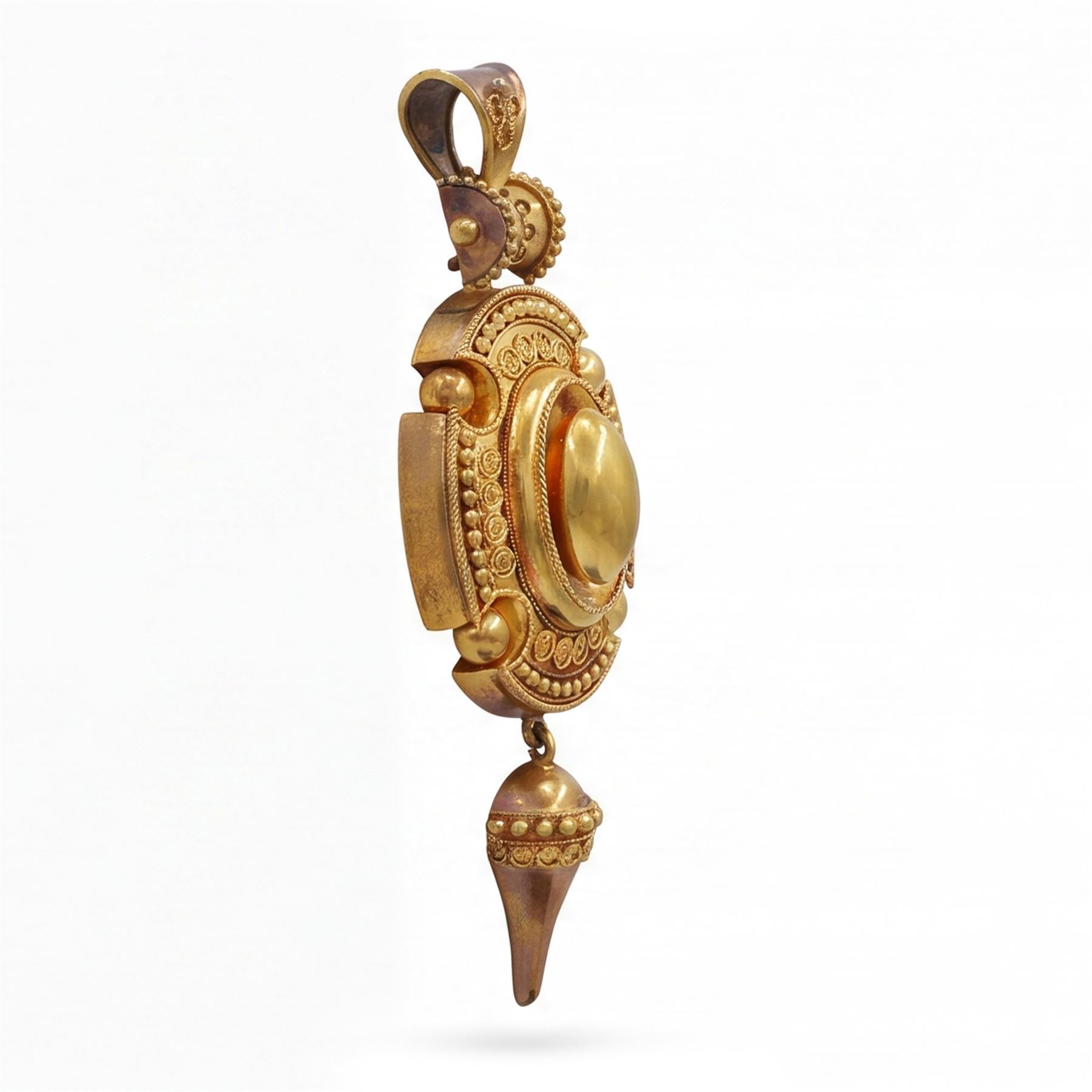 Victorian gold Etruscan revival pendant, cabochon oval bead surrounded by cannetille and bead decoration, with glazed back