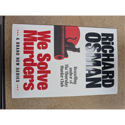 Eight first edition books, comprising signed Bob Mortimer 'And Away' autobiography, signed Richard Coles 'Murder Before Evensong' and six Richard Osman books, including 'The Thursday Murder Club' and 'The Last Devil To Die', with two Richard Osman signed bookplates