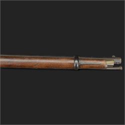 Two-Band short service musket, the L66cm barrel with sold out of service marks and indistinct marks, with ram rod beneath, the lock marked with crowned and Windsor 1855, overall L108cm
Sold as an exempt item under Section 58 (2) of the 1968 Firearms Act, to be held as a curiosity or ornament