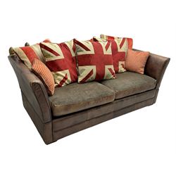 Large Knole design three-seat sofa upholstered in brown leather with scatter cushions upholstered in contrasting striped and Union Jack patterned fabric, on block feet (W210cm, H100cm, D102cm); together with matching rectangular footstool (135cm x 75cm, H45cm)