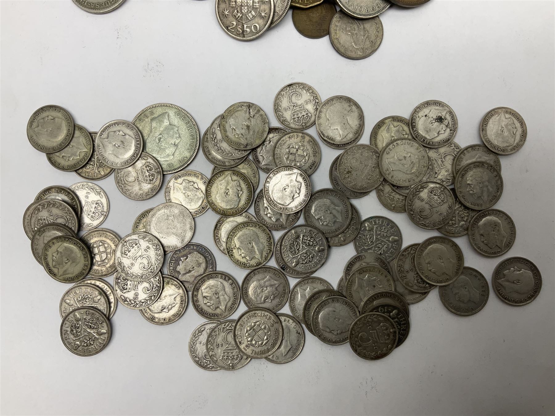 William and Mary 1693 halfcrown coin (holed), various Great British pre-1920 and pre-1947 silver threepence pieces, Ireland 1928 halfcrown and 1934 florin, Queen Elizabeth II 1994 fifty pence coins etc